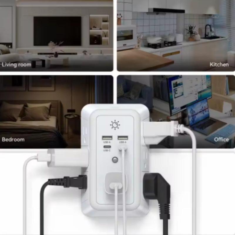 7-Outlet Power Bar with 4 USB Ports – IP67 Wall Socket Charger