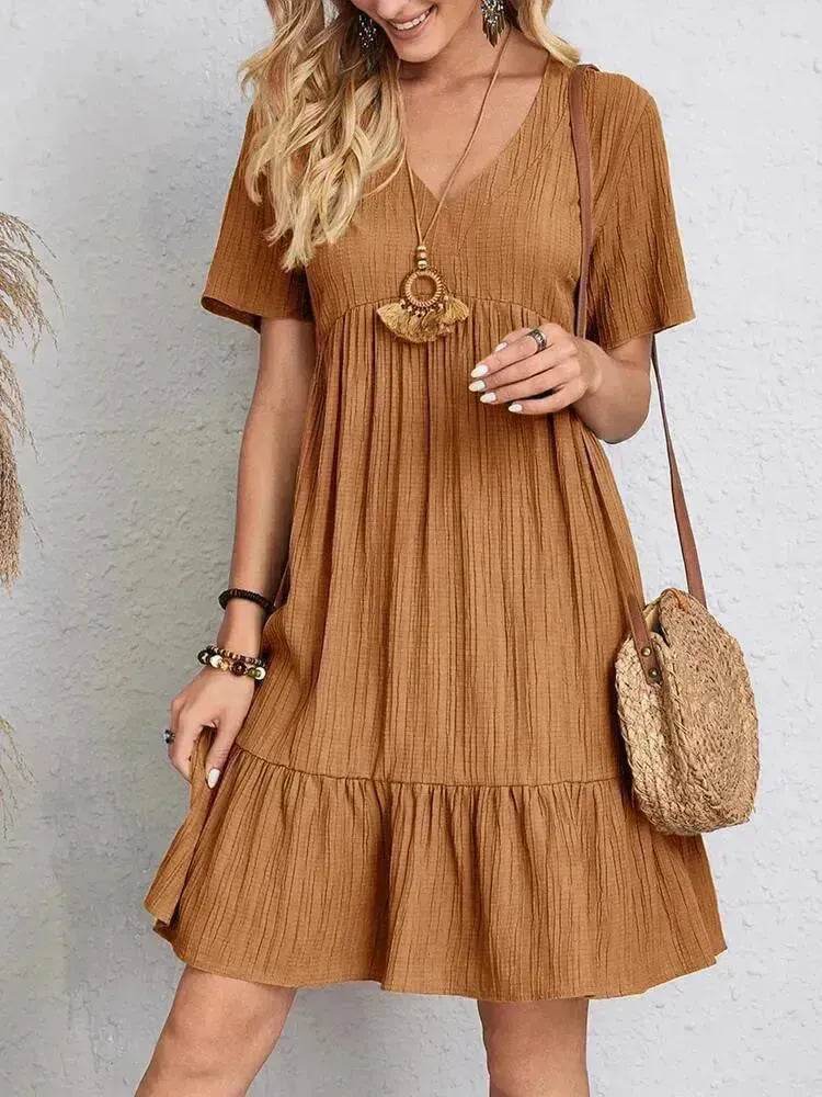 Summer Beach  V-neck Dresses Women's Loose Casual Short-sleeved Loose Skater Dress for Chic Ladies