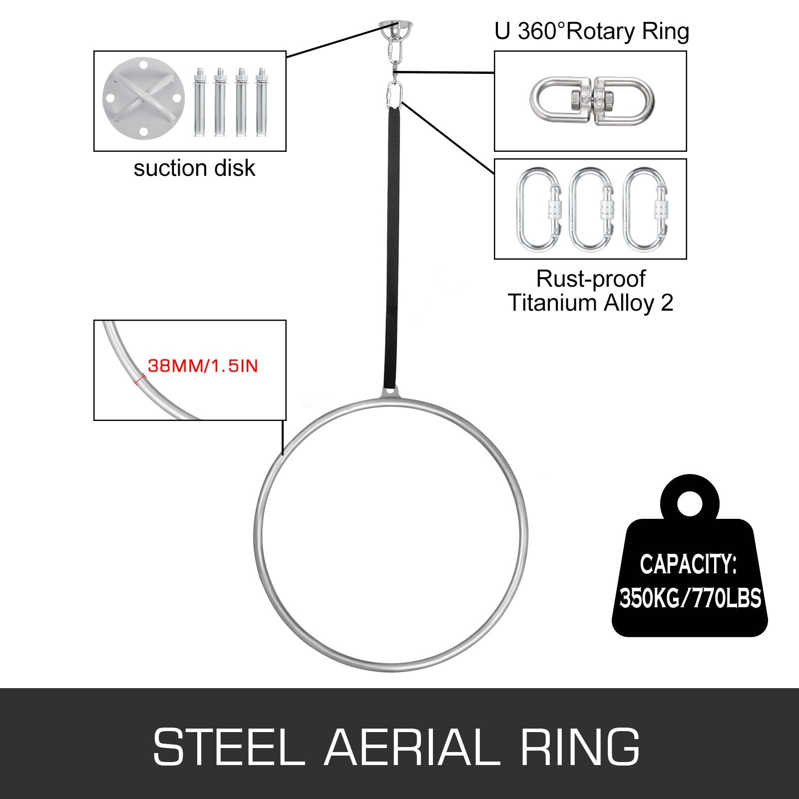 VEVOR womens Single Point Aerial Equipment Yoga Hoop for Aerial Dancing Yoga training, Sliver, 2.8ft 85cm Dia US