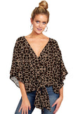 New V Neck Blouse Women Leopard Print Floral Tie Front Blouses Batwing Summer Oversize Ladies Tops
