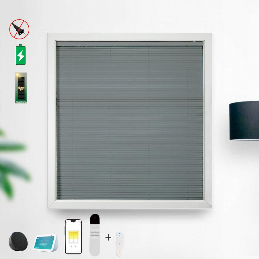 Double Layer Electric Honeycomb Curtain with Solar Charging & 15-Channel Remote, Motorized Blackout Blinds