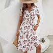 New Short Sleeve Cross Collar Dress Elastic Waist Printed Dress