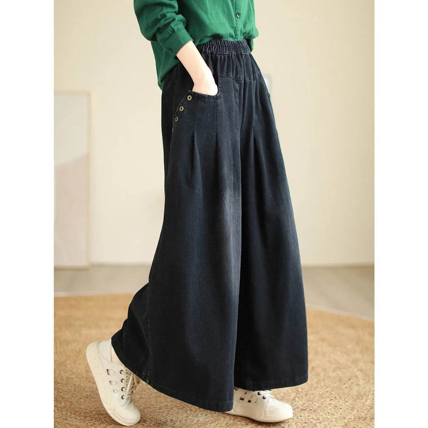 Wide-leg Baggy Jeans Pant Elastic Waist Washed Wear-white Loose Slimming And All-matching Trousers For Women