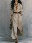 V-Neck Long Shirt Dress for Women – Cotton Linen A-Line Maxi Dress Canada USA