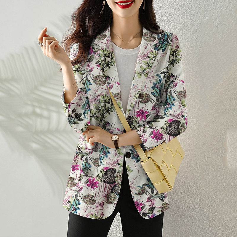Women's Button Printed Long-sleeved Pocket Vintage Cotton And Linen jacket Blazer