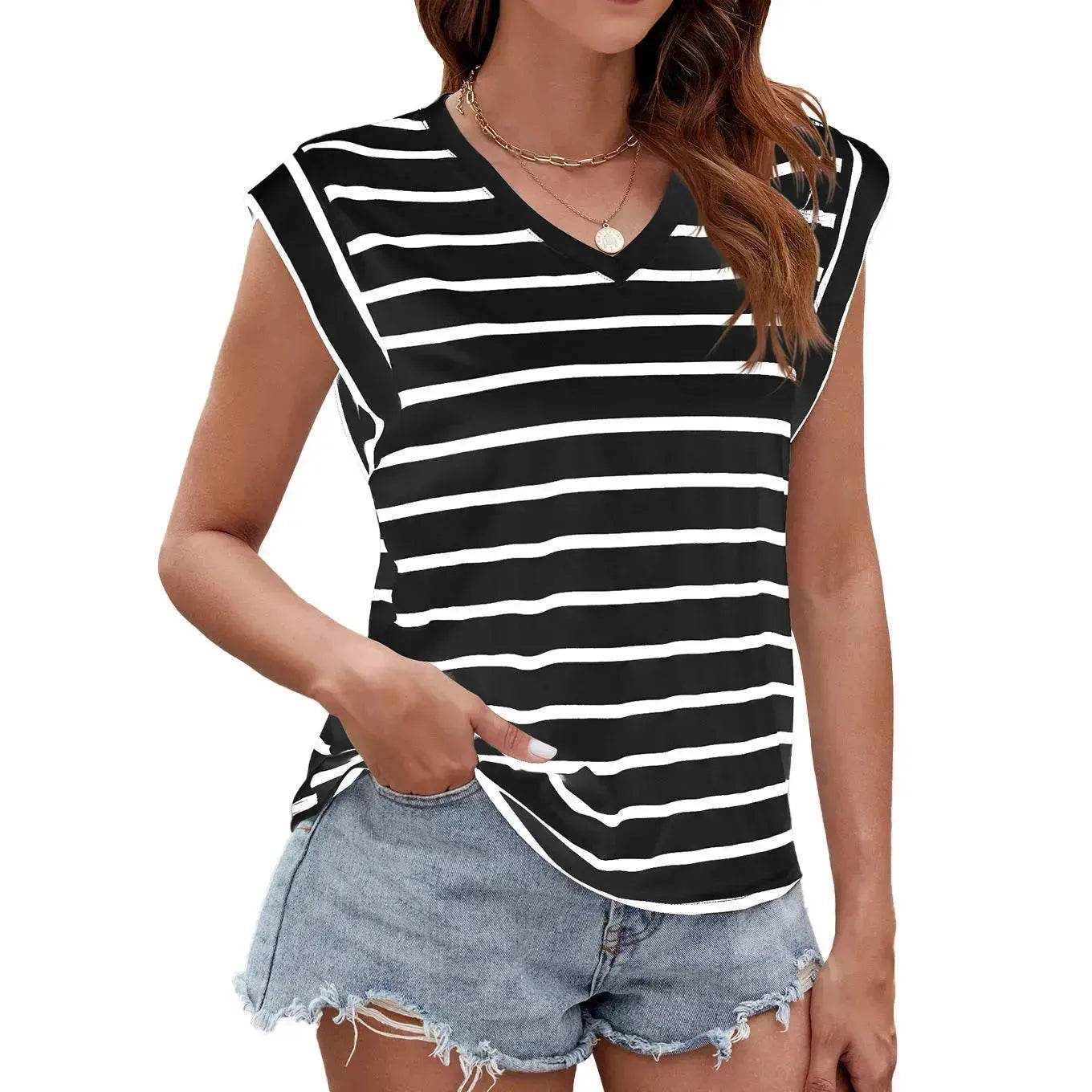 Fashion Stripe Print V-neck Short-sleeved T-Shirt Summer Loose Casual top for Women