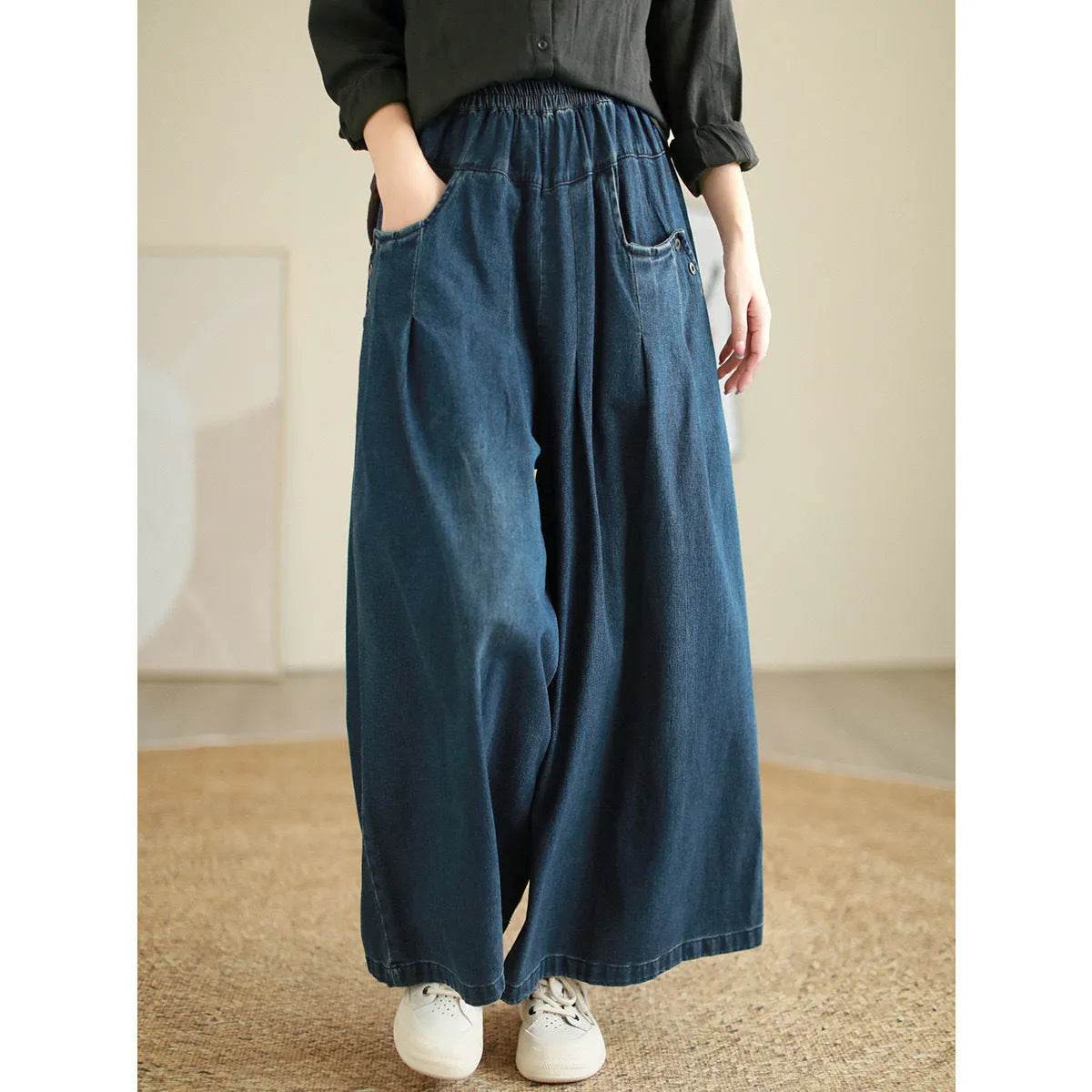 Wide-leg Baggy Jeans Pant Elastic Waist Washed Wear-white Loose Slimming And All-matching Trousers For Women