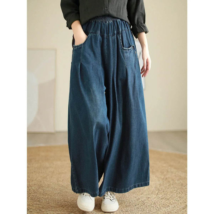 Wide-leg Baggy Jeans Pant Elastic Waist Washed Wear-white Loose Slimming And All-matching Trousers For Women