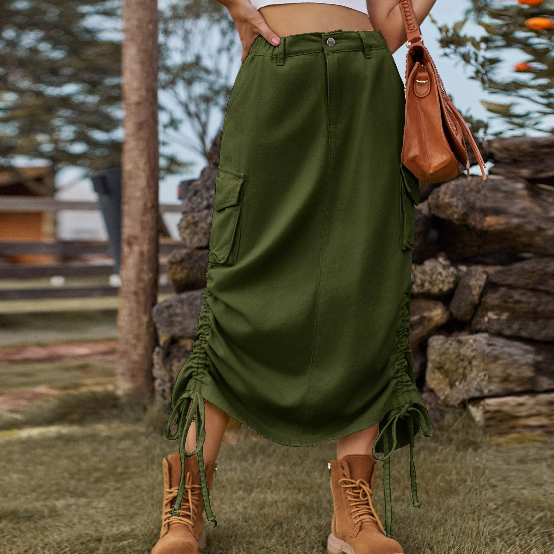American-style Casual Denim Drawstring Midi Cargo Skirt