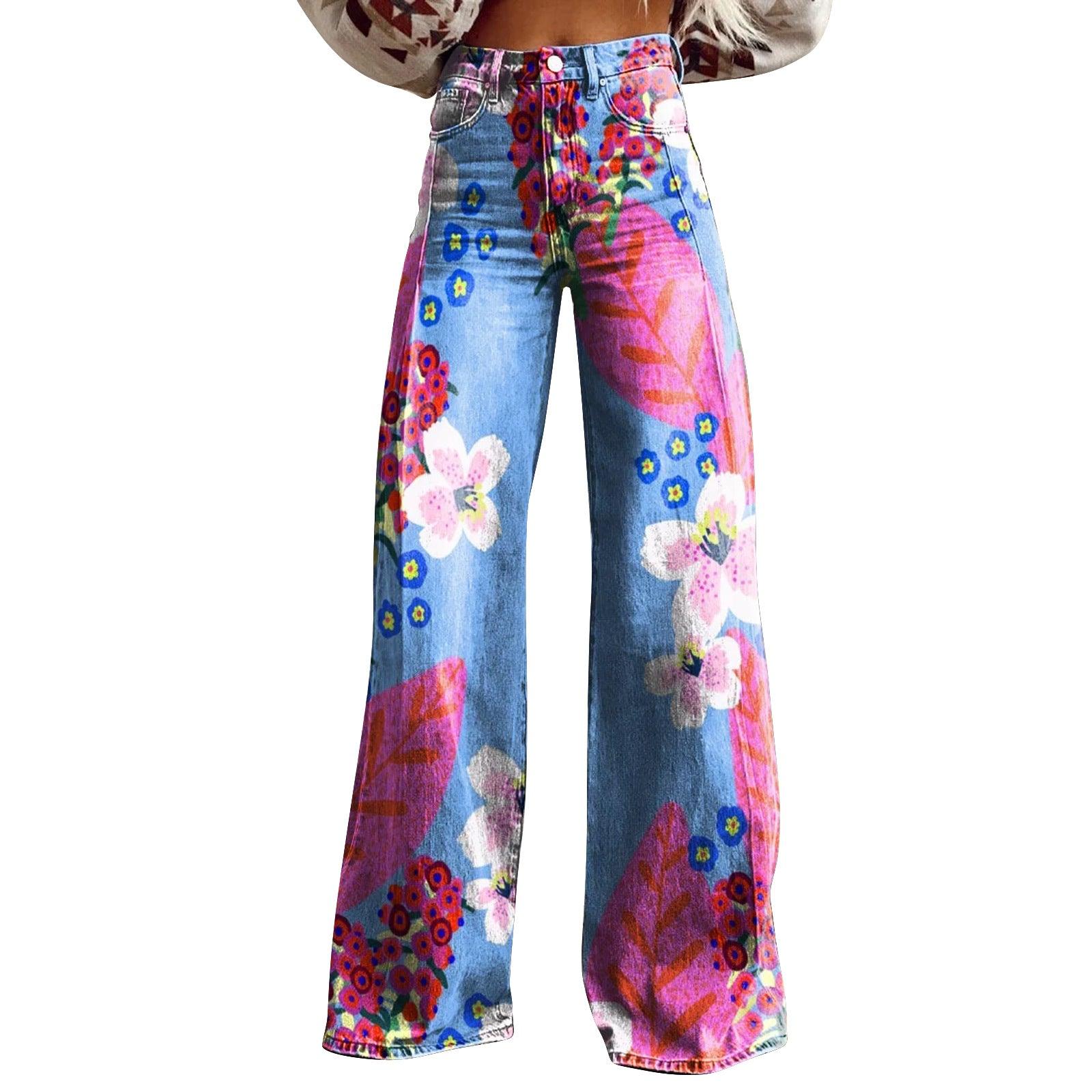Women's 3D Printed Flared Denim Jeans – Graphic Print Wide Leg Jeans
