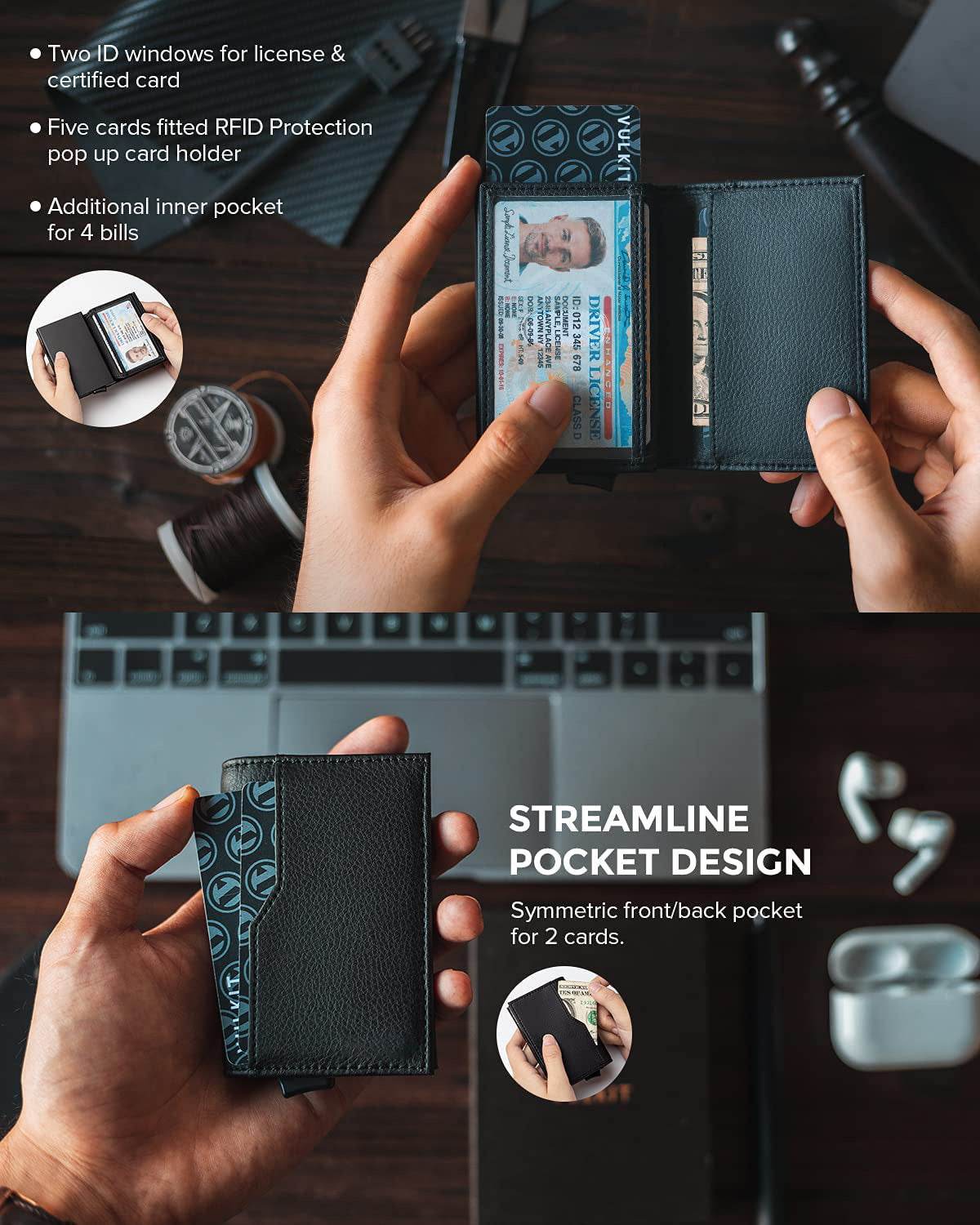 Credit Card Case With Double Id Window Rfid Blocking Automatic Leather Up Card Wallet