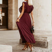 Maxi Dresses For Women - Elegant V Neck Ruffled Sleeves Empire Waist Pleated Flowy Dress