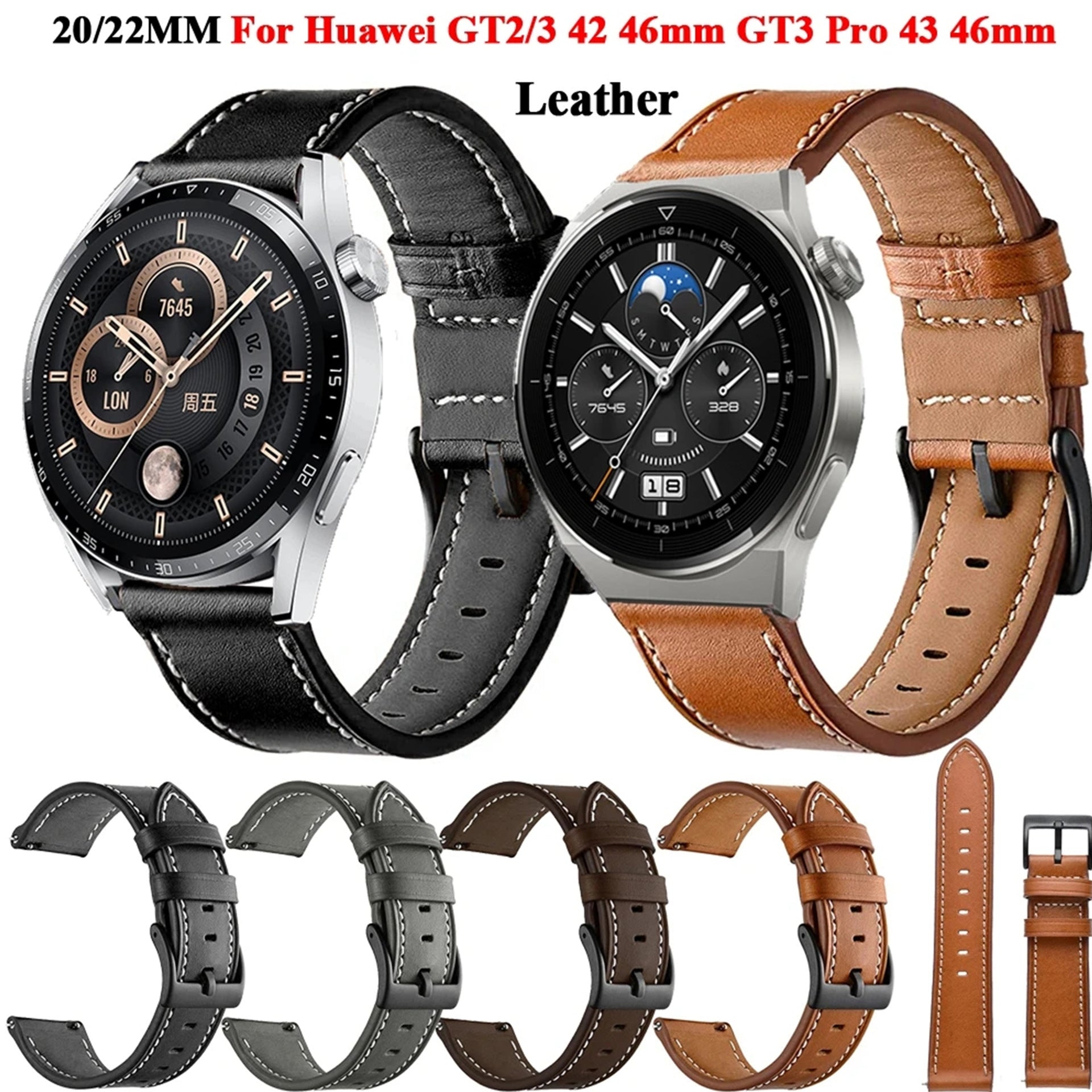 Leather Watch Strap for Amazfit GTR3 Pro / GT3 Pro — 20mm & 22mm Universal Fit