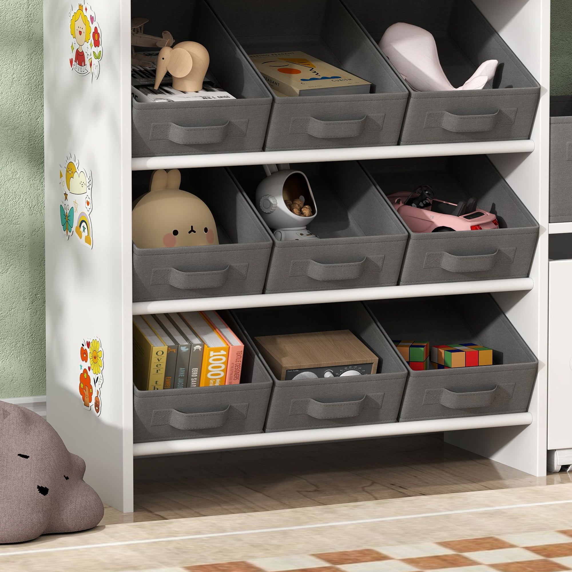 Qaba Kids Storage Unit, 11 Fabric Bins, MDF Cabinet, Top Shelves, 3 Stickers, ASTM Certified, Ages 3-8, White