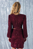 Double Breasted Sequined Wrap Crop Blouse - Red