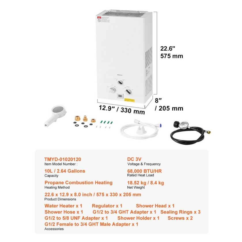 Portable Propane Water Heater 10L Tankless with Accessory Regulator