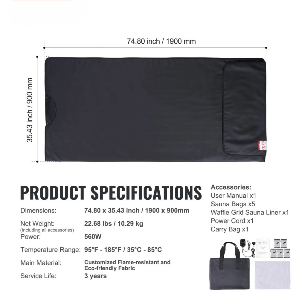 Portable Far Infrared Sauna Blanket for Home, Adjustable Heat and Timer, 75 x 35 in