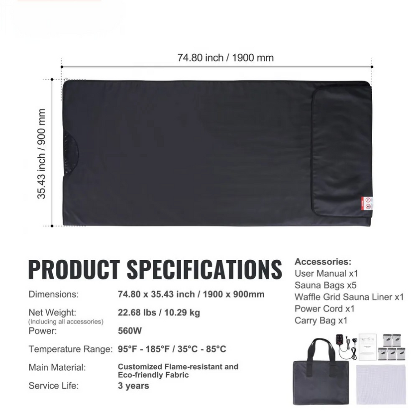 Portable Far Infrared Sauna Blanket for Home, Adjustable Heat and Timer, 75 x 35 in