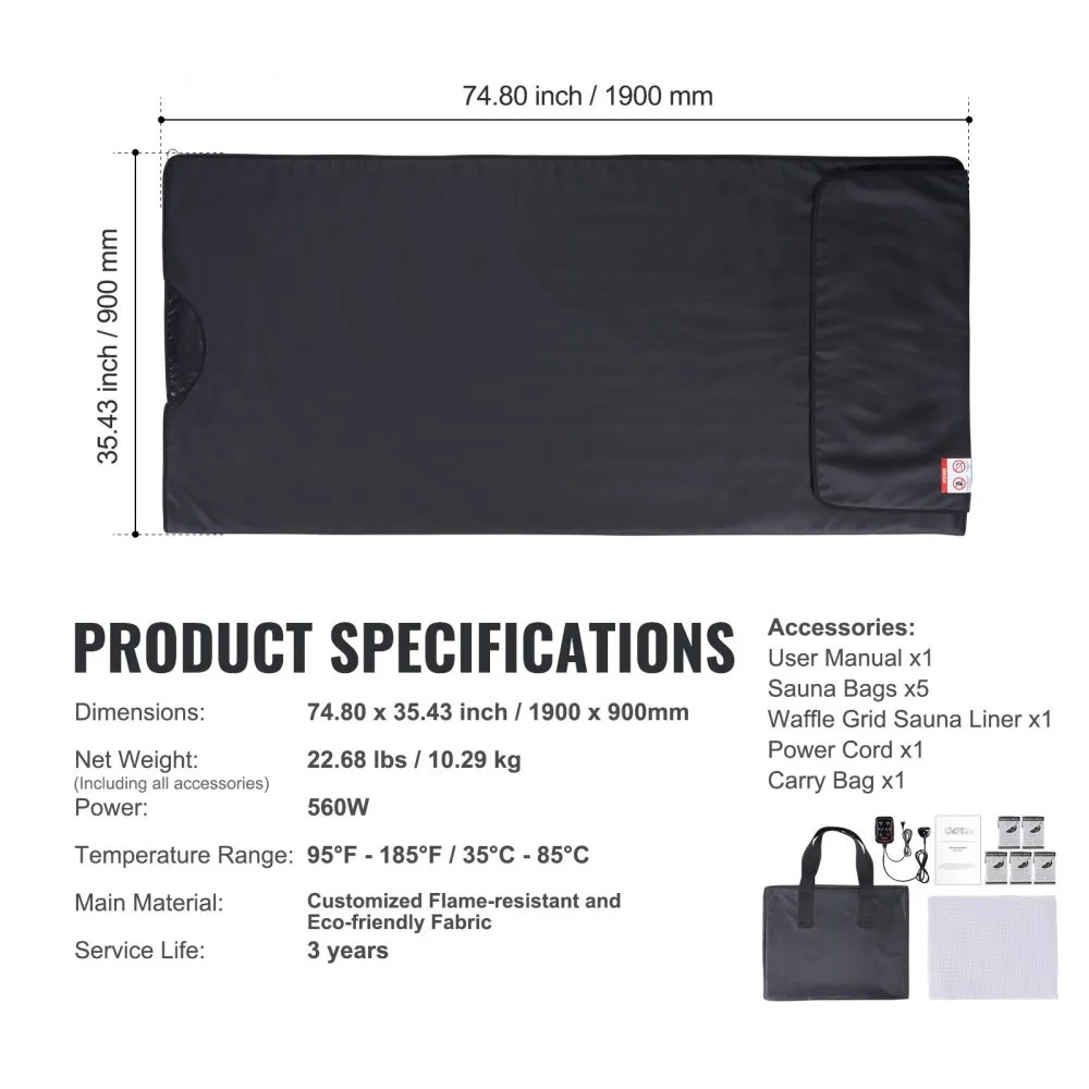 Portable Far Infrared Sauna Blanket for Home, Adjustable Heat and Timer, 75 x 35 in