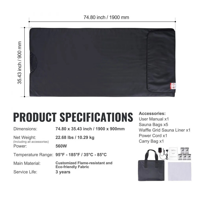 Portable Far Infrared Sauna Blanket for Home, Adjustable Heat and Timer, 75 x 35 in