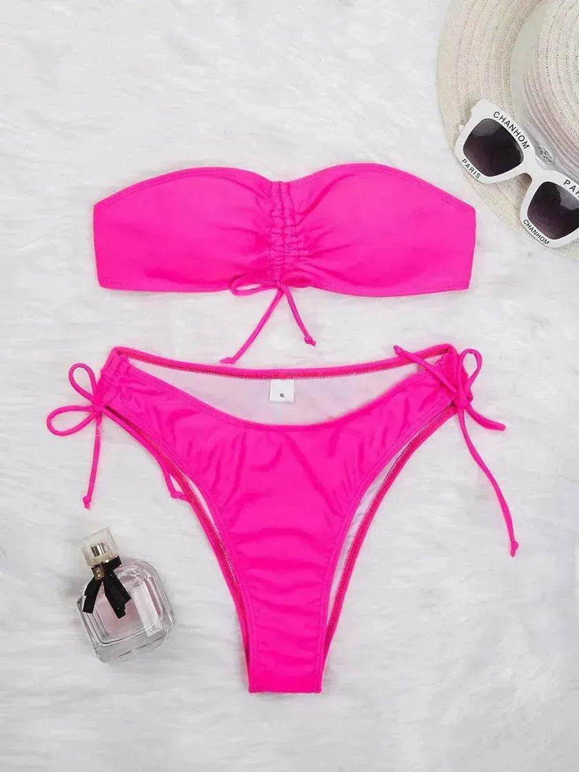 Drawstring Design Tube Bikini Summer Solid Color Charming Swimsuit For Beach Party Womens Clothing