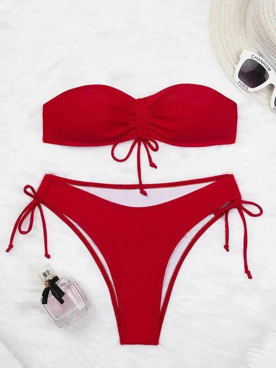 Drawstring Design Tube Bikini Summer Solid Color Charming Swimsuit For Beach Party Womens Clothing
