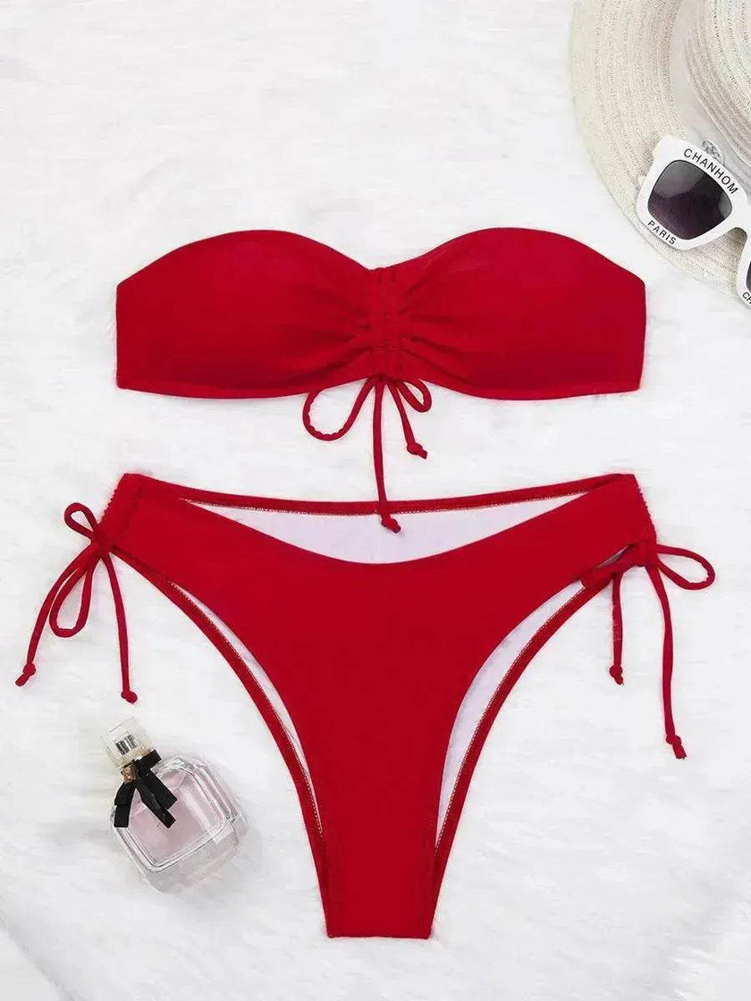 Drawstring Design Tube Bikini Summer Solid Color Charming Swimsuit For Beach Party Womens Clothing
