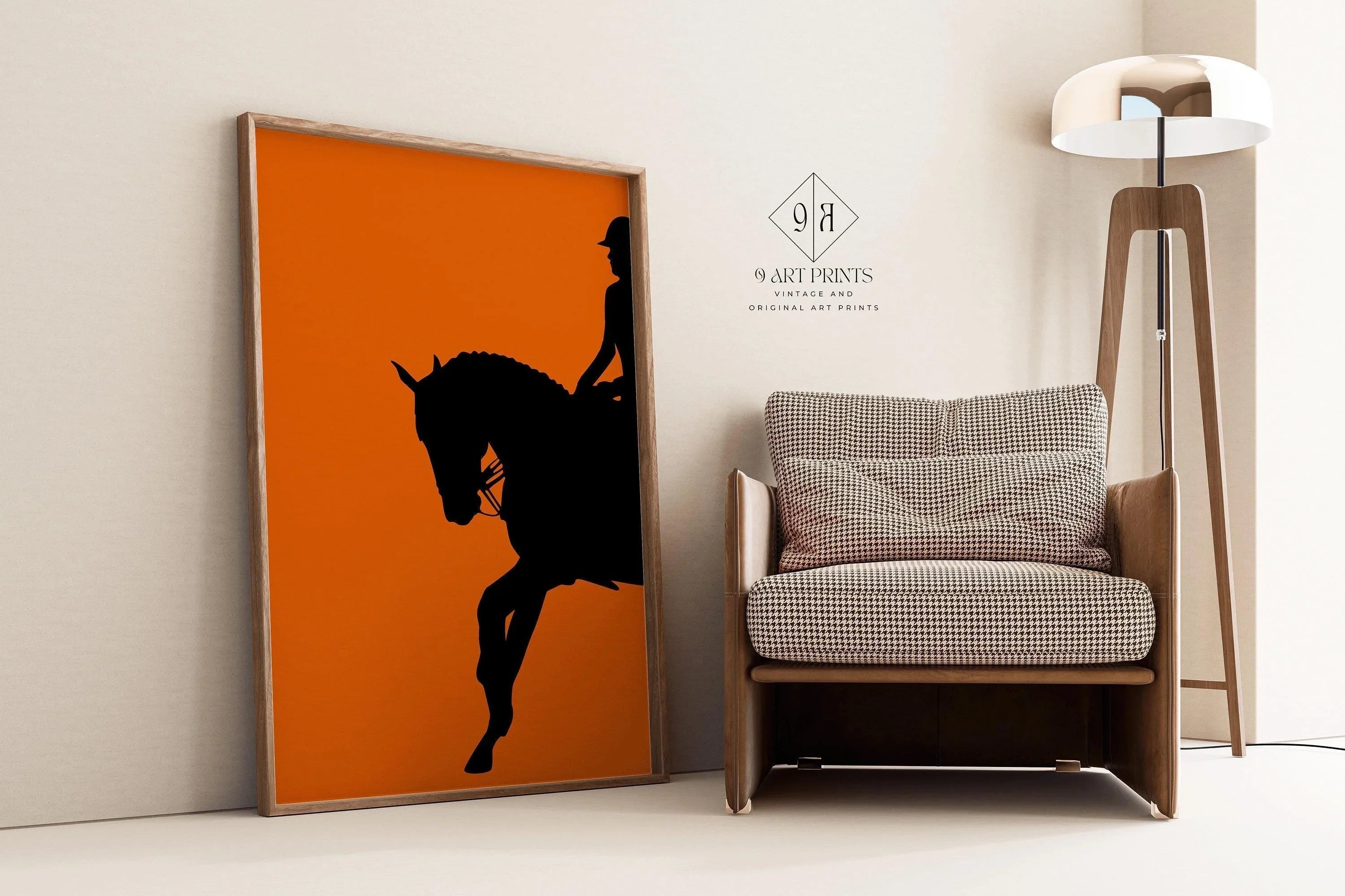 Dressage Horse and Rider Poster in Orange | Equestrian Art (available handframed or unframed)