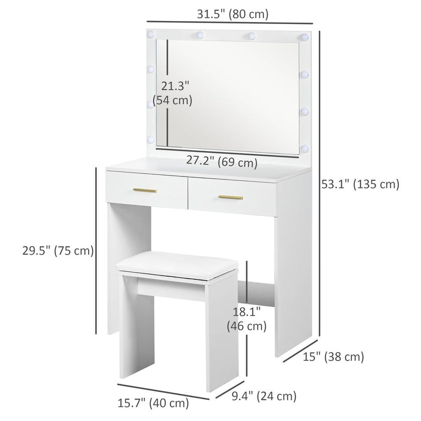 Olivia Vanity Desk Set with Stool and LED Lighting Mirror-White