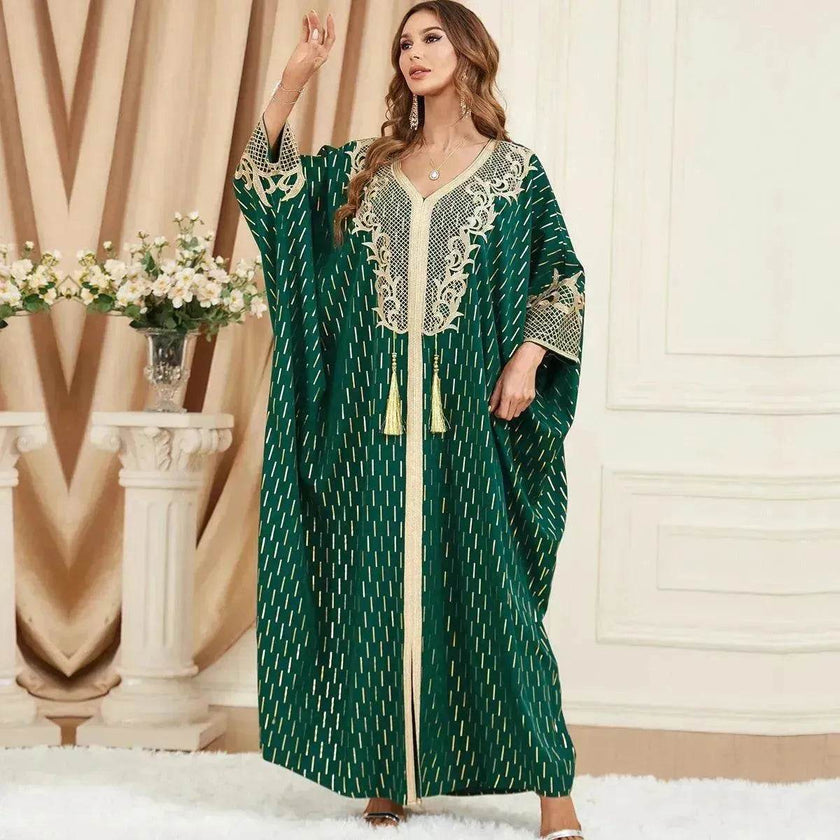 Dubai Turkey Arab Green Gilding Batwing Sleeve Bow Tie Stitching Middle East Popular Plus Size Tassel Split Dress