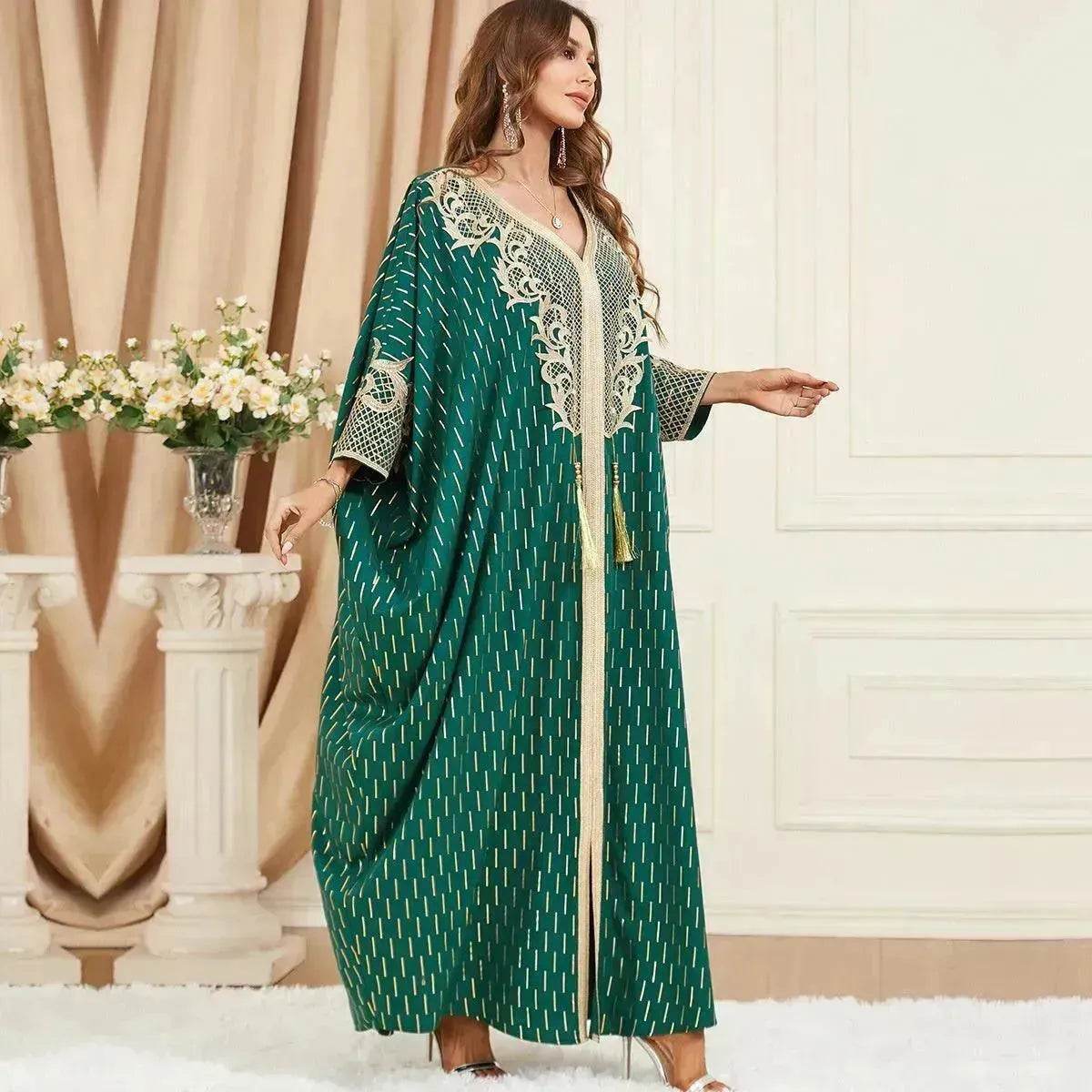 Dubai Turkey Arab Green Gilding Batwing Sleeve Bow Tie Stitching Middle East Popular Plus Size Tassel Split Dress