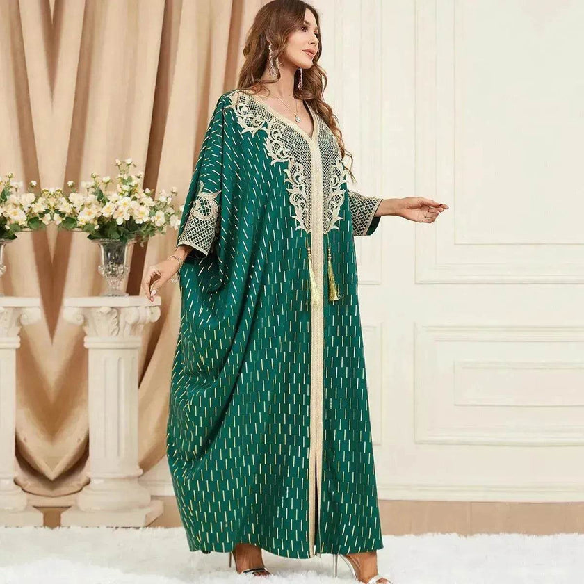 Dubai Turkey Arab Green Gilding Batwing Sleeve Bow Tie Stitching Middle East Popular Plus Size Tassel Split Dress