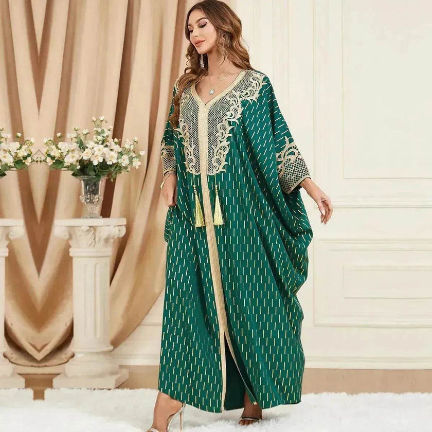 Dubai Turkey Arab Green Gilding Batwing Sleeve Bow Tie Stitching Middle East Popular Plus Size Tassel Split Dress