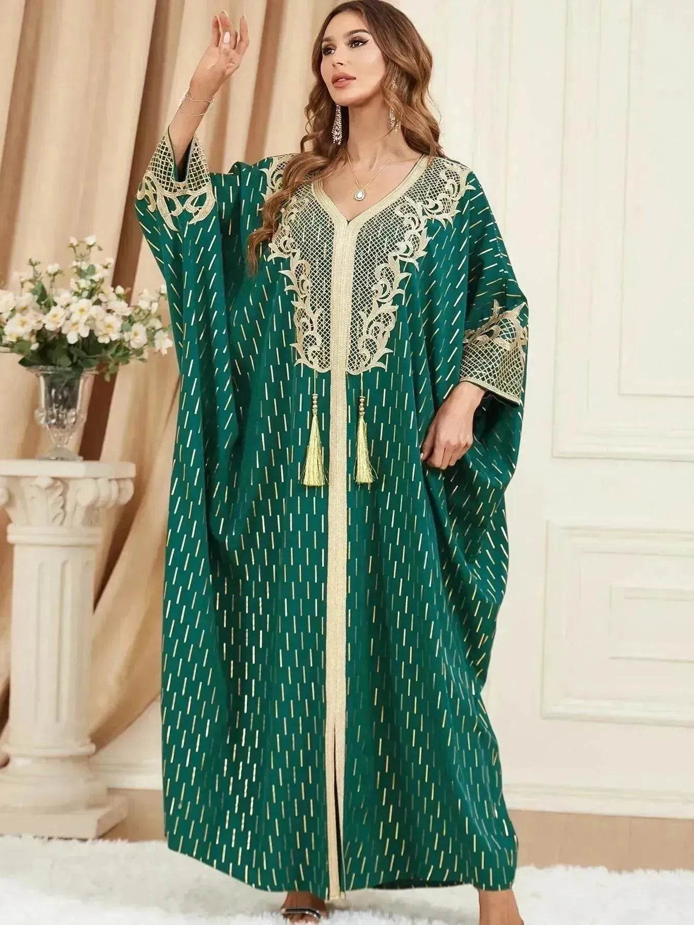 Dubai Turkey Arab Green Gilding Batwing Sleeve Bow Tie Stitching Middle East Popular Plus Size Tassel Split Dress