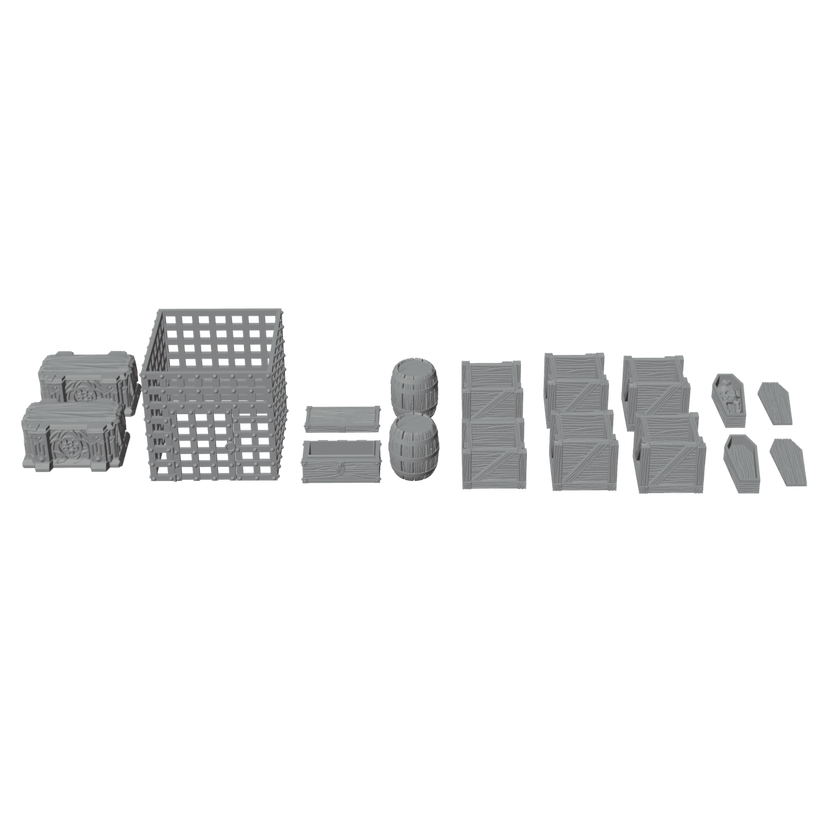 28mm Dungeon Scatter Terrain – Crates, Barrels, Altars, Coffins