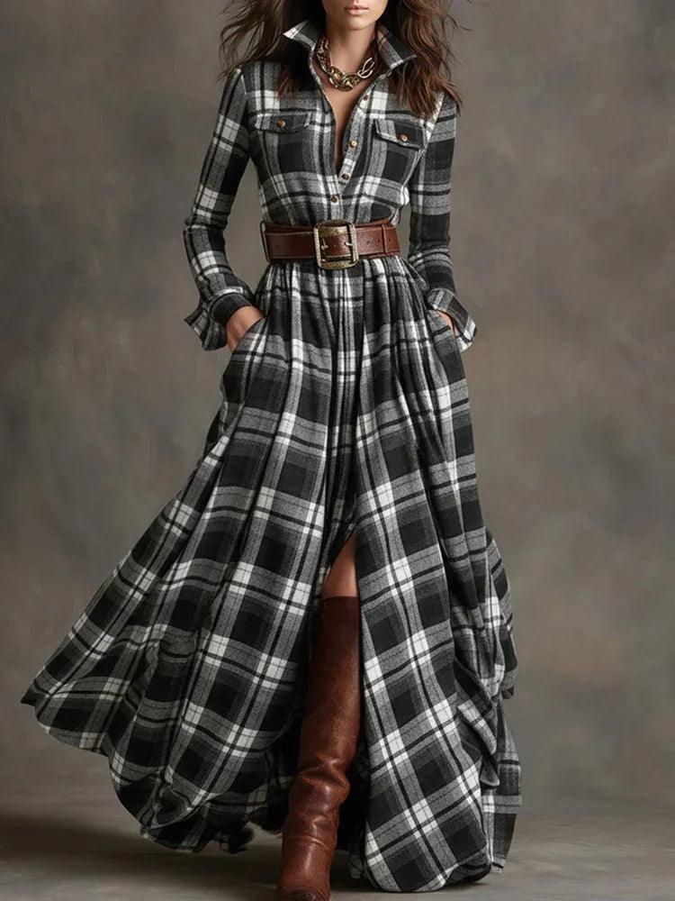 Large Size Women's Clothing French Retro Grid Slim Irregular Dress