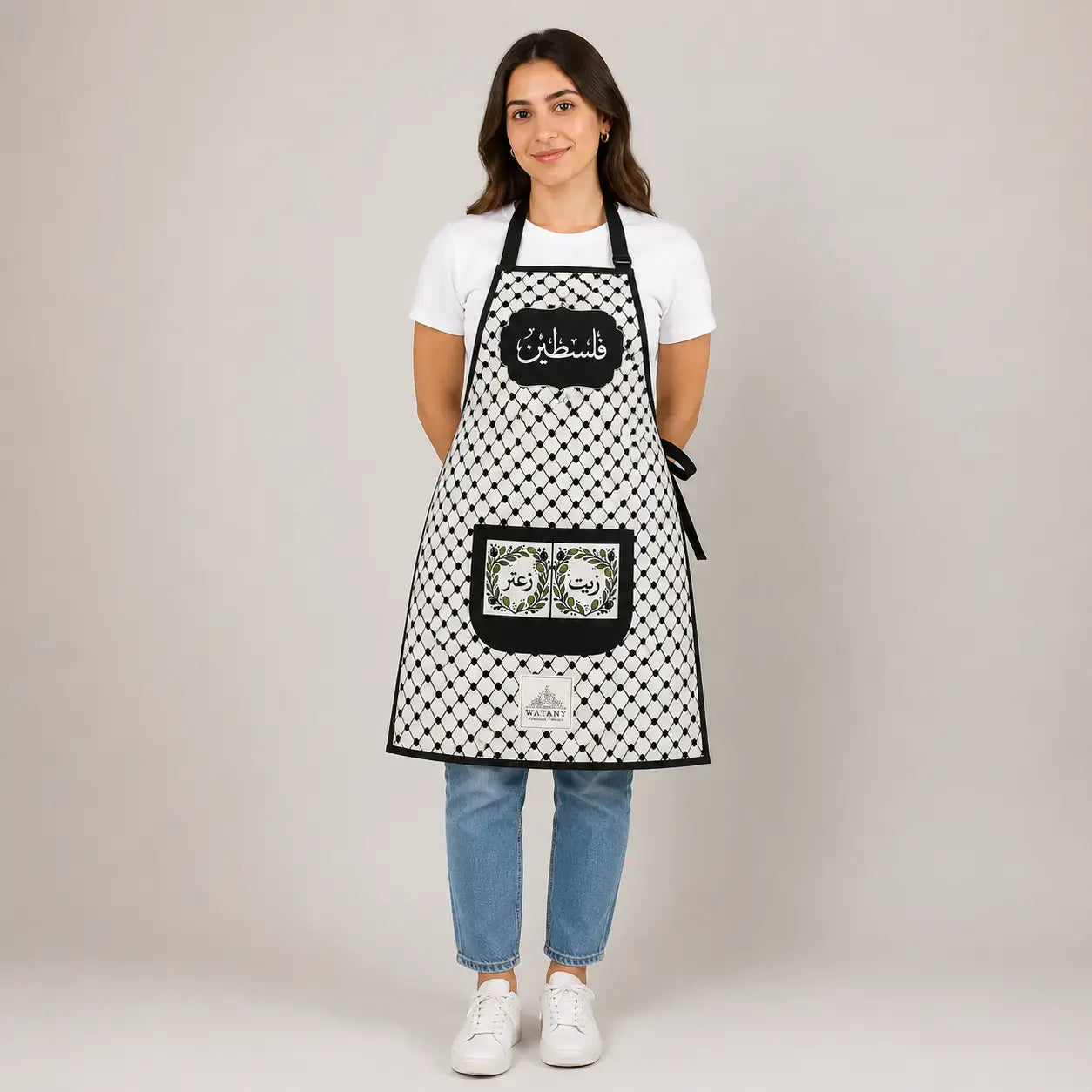 Palestinian Keffiyeh Cooking Apron – Olive Oil & Za’atar Heritage Kitchen Apron with Pocket