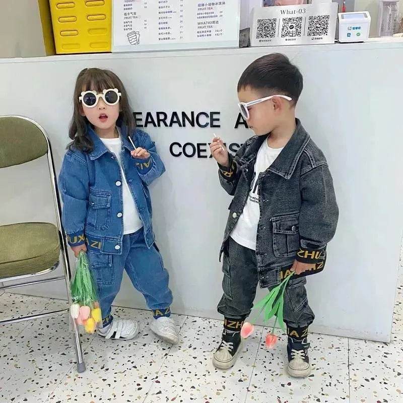 Neutral Unisex Denim Suit Spring Clothes Western Style Denim Two piece for boys and girls