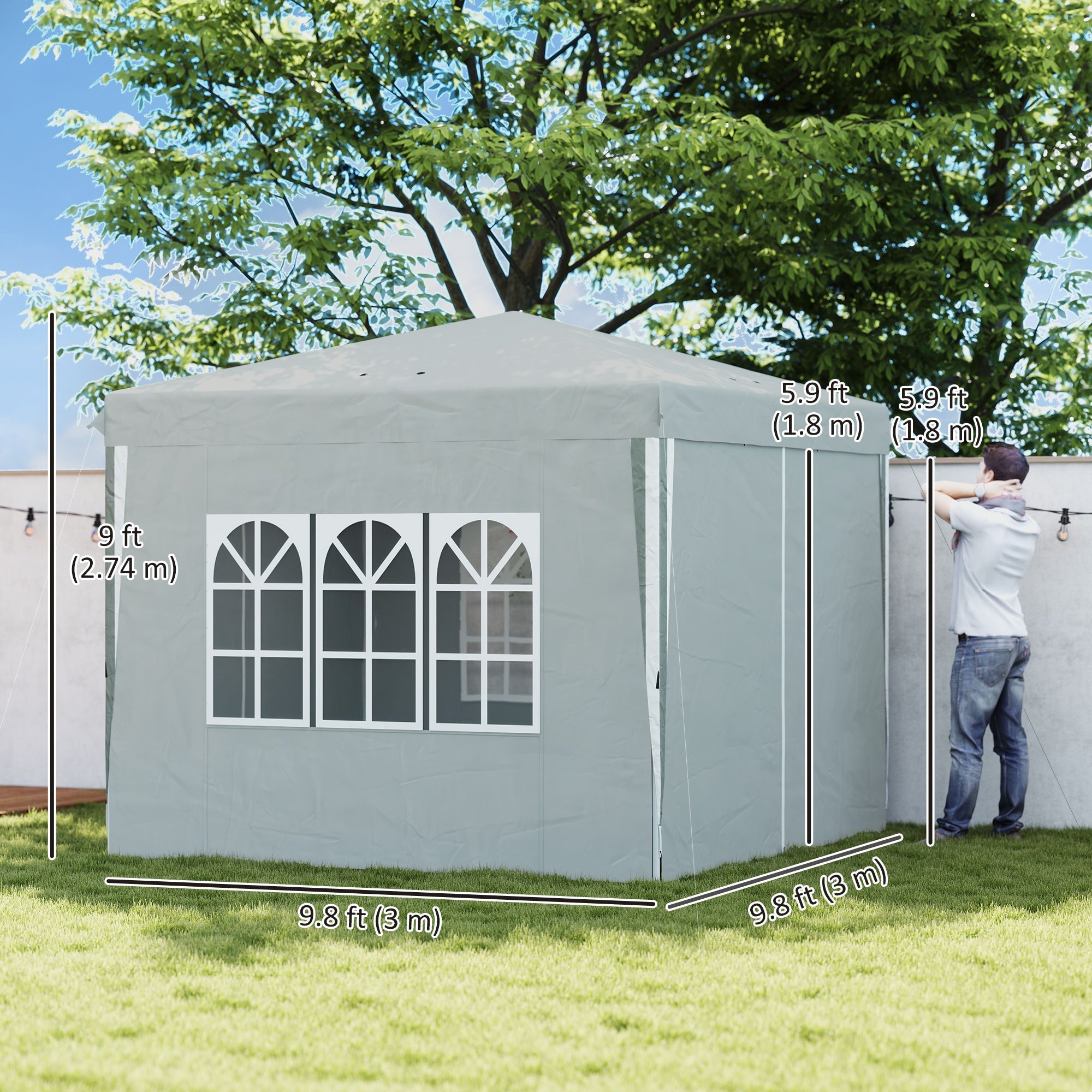 Outsunny 10' x 10' Pop-Up Canopy Tent with Sidewalls, Height-Adjustable, Carry Bag Included, for Outdoor, Garden, Patio, Light Grey