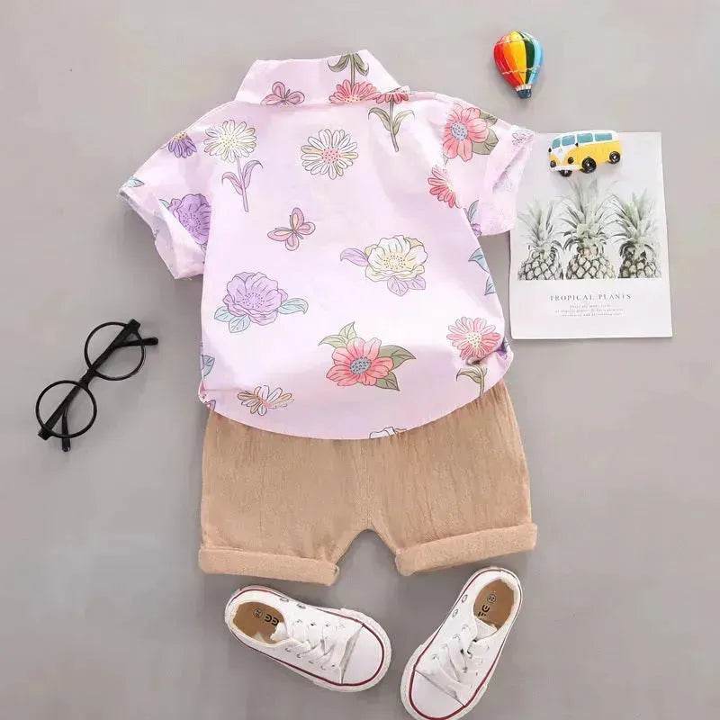 Summer  Flower Lapel Shirt Two-piece Set for boys Short sleeve shirt and short pant