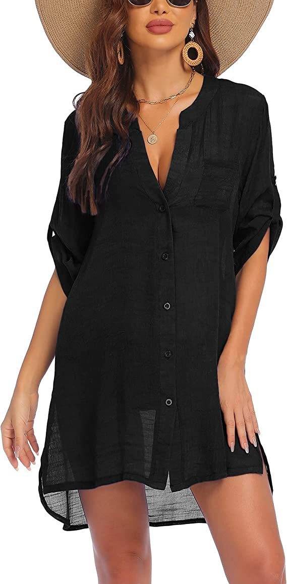 Women's Linen Beach Shirt Dress – Lightweight Sun Protection Cover-Up (S–3XL, 5 Colors)