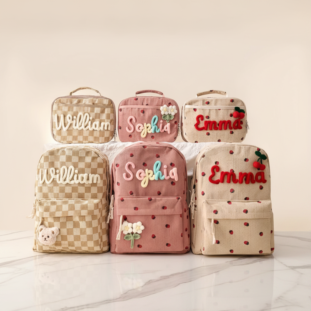 Kids Corduroy Backpack & Lunch Bag Set – Handmade Chunky Yarn, 7 Colour Combos