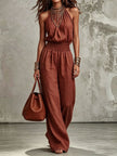Women's Halter Neck Backless Wide-Leg Jumpsuit | Sleeveless Lace-Up Onesie