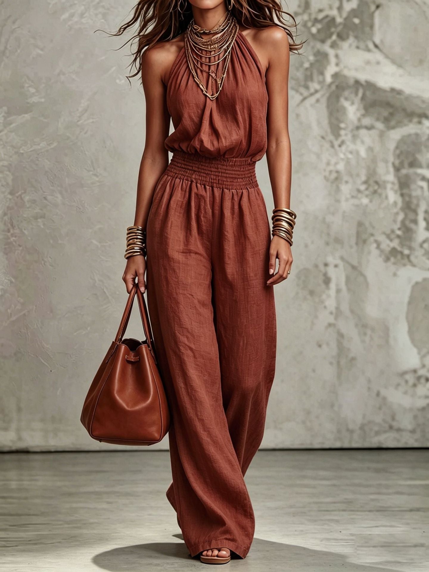 Women's Halter Neck Backless Wide-Leg Jumpsuit | Sleeveless Lace-Up Onesie