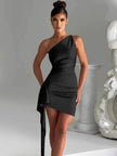 One-shoulder Sleeveless Mini Dress Charming Slim Backless Party Wedding Satin Dresses Womens Clothing