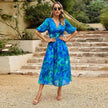 Summer Chiffon Floral Printed Temperament Waist-controlled V-neck Casual Midi Dress