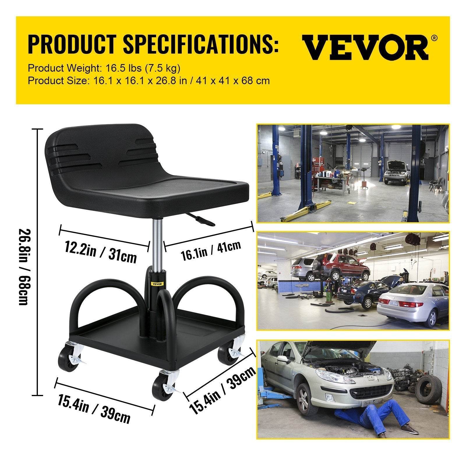 Rolling Garage Stool, 300LBS Capacity, Adjustable Height From 15.7 In To 20.5 In, Mechanic Seat With 360-degree Swivel Wheels And Tool Tray, For Workshop, Auto Repair Shop, Black