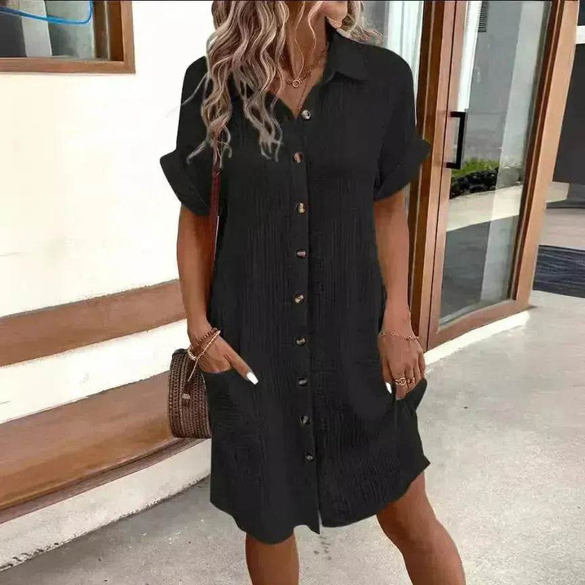 Womens Button Down Shirt Dress Summer Cotton Linen Dress V-Neck Mini Dress Casual Short Sleeve Loose Tunic Dresses