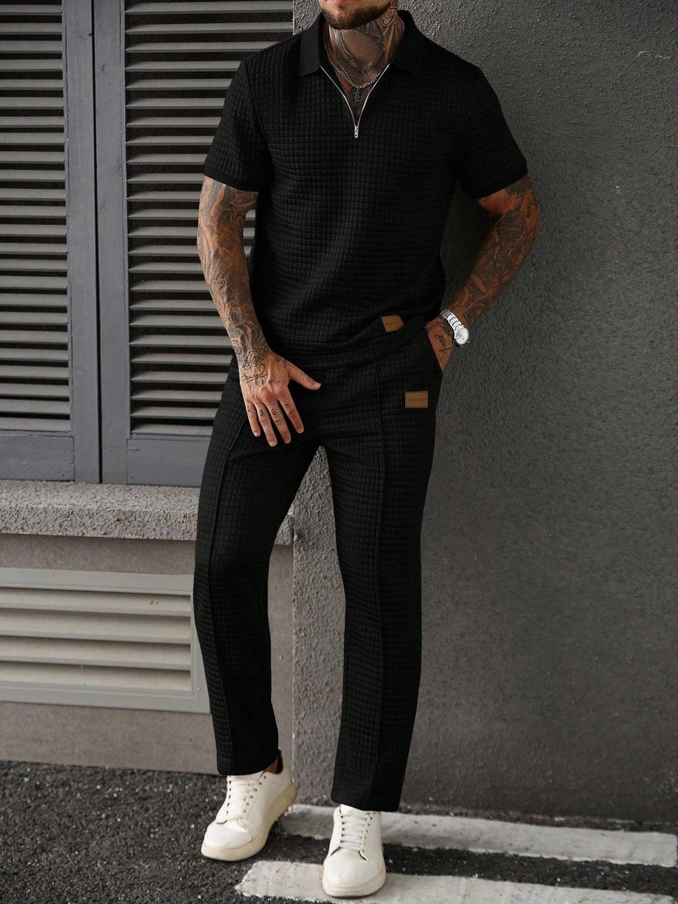Men's Zip-Up Polo Shirt and Pants Two-Piece Set