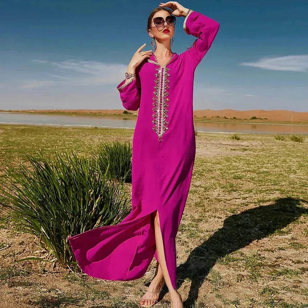 Women's Luxury Rose Red Hooded Middle East Moroccan Dubai Style Dress Fancy Embellish Summer Turkish dress